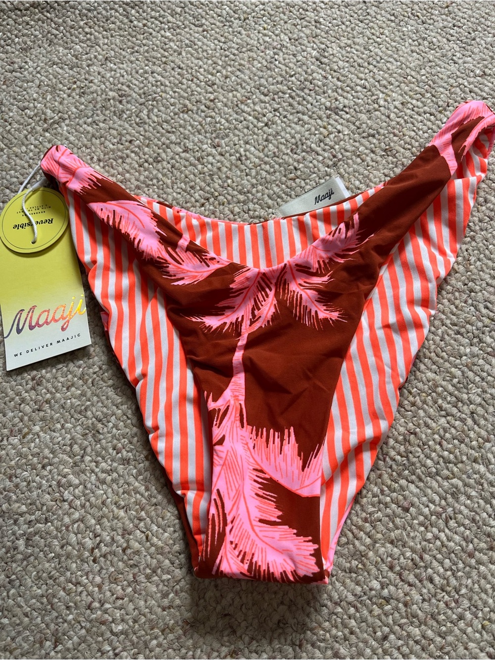 Maaji Pink & Coral Palm-Print Bikini Bottom high leg cut low rise size small